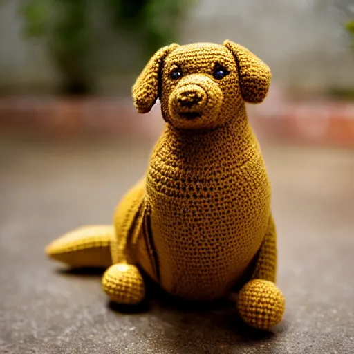 Image similar to a crochet golder retriever, very cute, kawaii, extremely detailed, complex, intricate, Sigma 50mm f/1.4