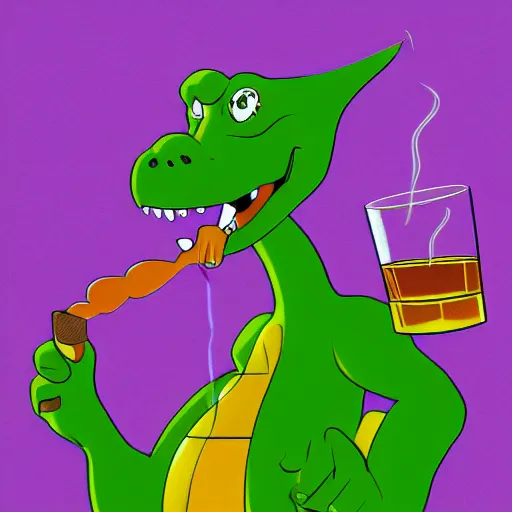 Image similar to barney the dinosaur from kids show drinking whisky and smoking a cigar, portrait art by, digital art, trending on artstation