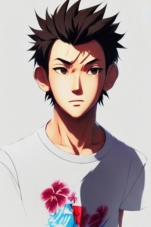 Prompt: concept art of a male guy in his mid twenties, street clothes, hawaiian t - shirt, vice city, shinkai makoto studio ghibli studio key hideaki anno sakimichan stanley artgerm lau rossdraws james jean marc simonetti elegant highly detailed digital painting artstation pixiv