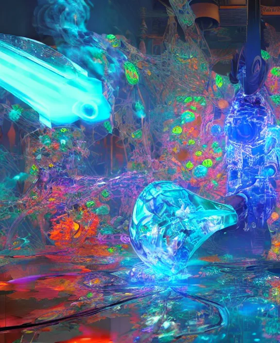 Image similar to intricate transparent clear see - through image of fire, robotic environment, colorful psychedelic, ultra realistic, concept art, modern art, photorealistic, octane render, 8 k, unreal engine. art by nori inoguchi and sam kaplan and zachary goulko and christopher marley