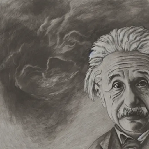 Prompt: Albert Einstein discovers fire in a cave, pencil illustration