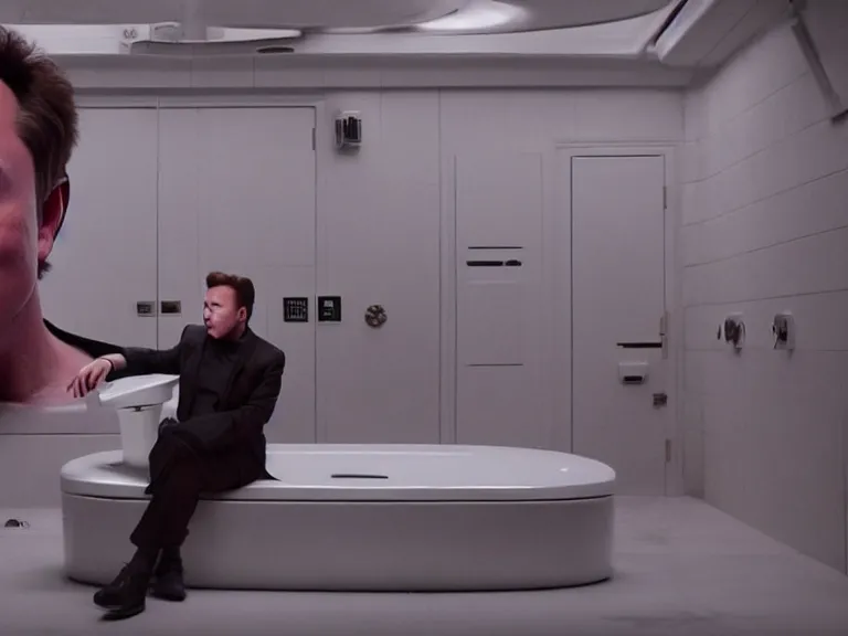 Image similar to hyperrealism aesthetic ridley scott and denis villeneuve style photography of a detailed giant elon musk, siting on a detailed ultra huge toilet and scrolling his smartphone in hyperrealism scene from detailed art house movie in style of alejandro jodorowsky and wes anderson