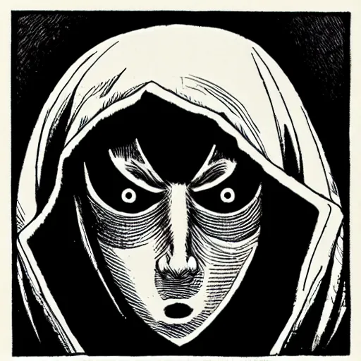 Image similar to hooded man with masked face, junji ito,