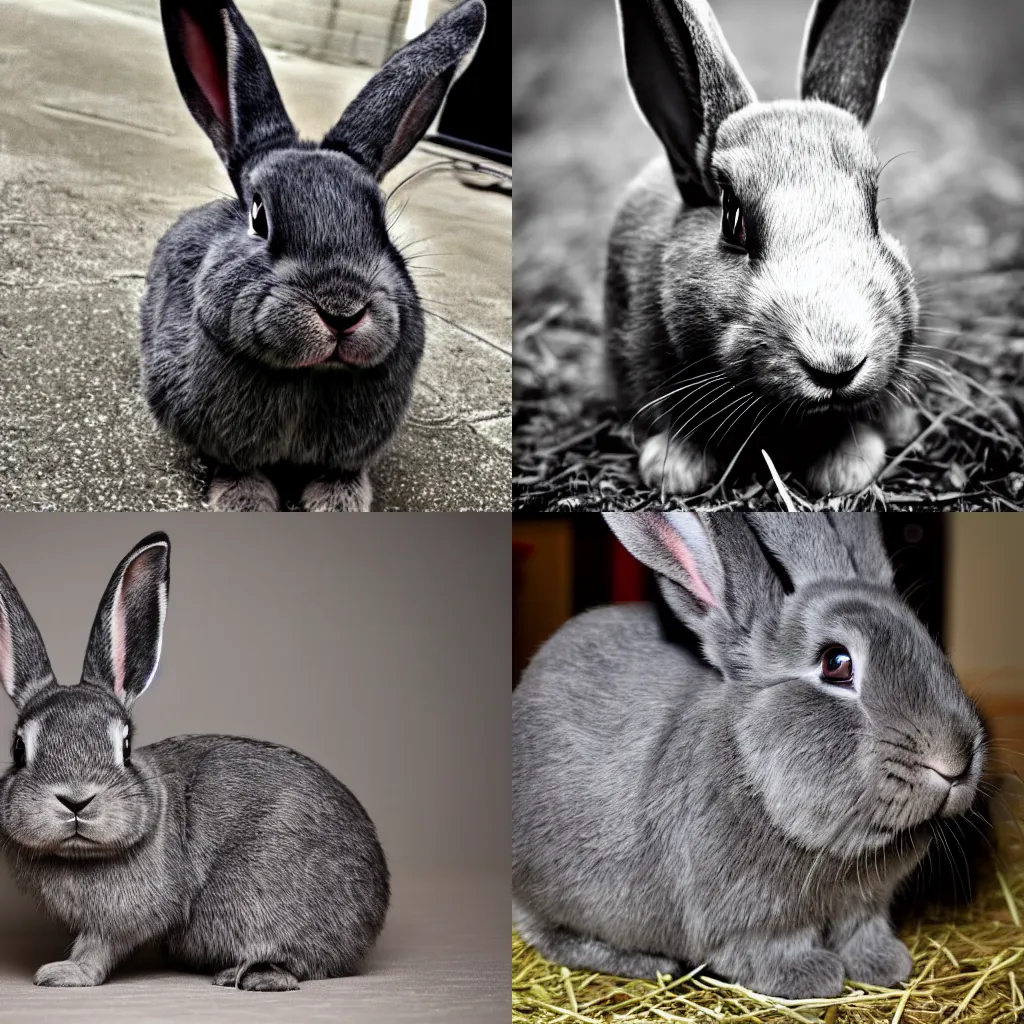 Prompt: a photo of a dark gray bunny named Ruffian who is quite the stinker and a real rapscallion