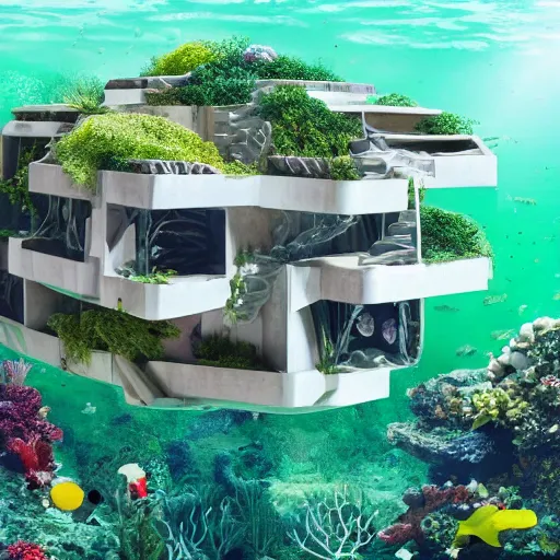 Image similar to underwater habitat 67 with lush vegetation, coral and marine creatures surrounding it