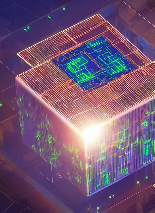 Prompt: Computer circuit on the surface of a hypercube, floating above a buzy city scape, global illumination, radiant light, detailed and intricate environment