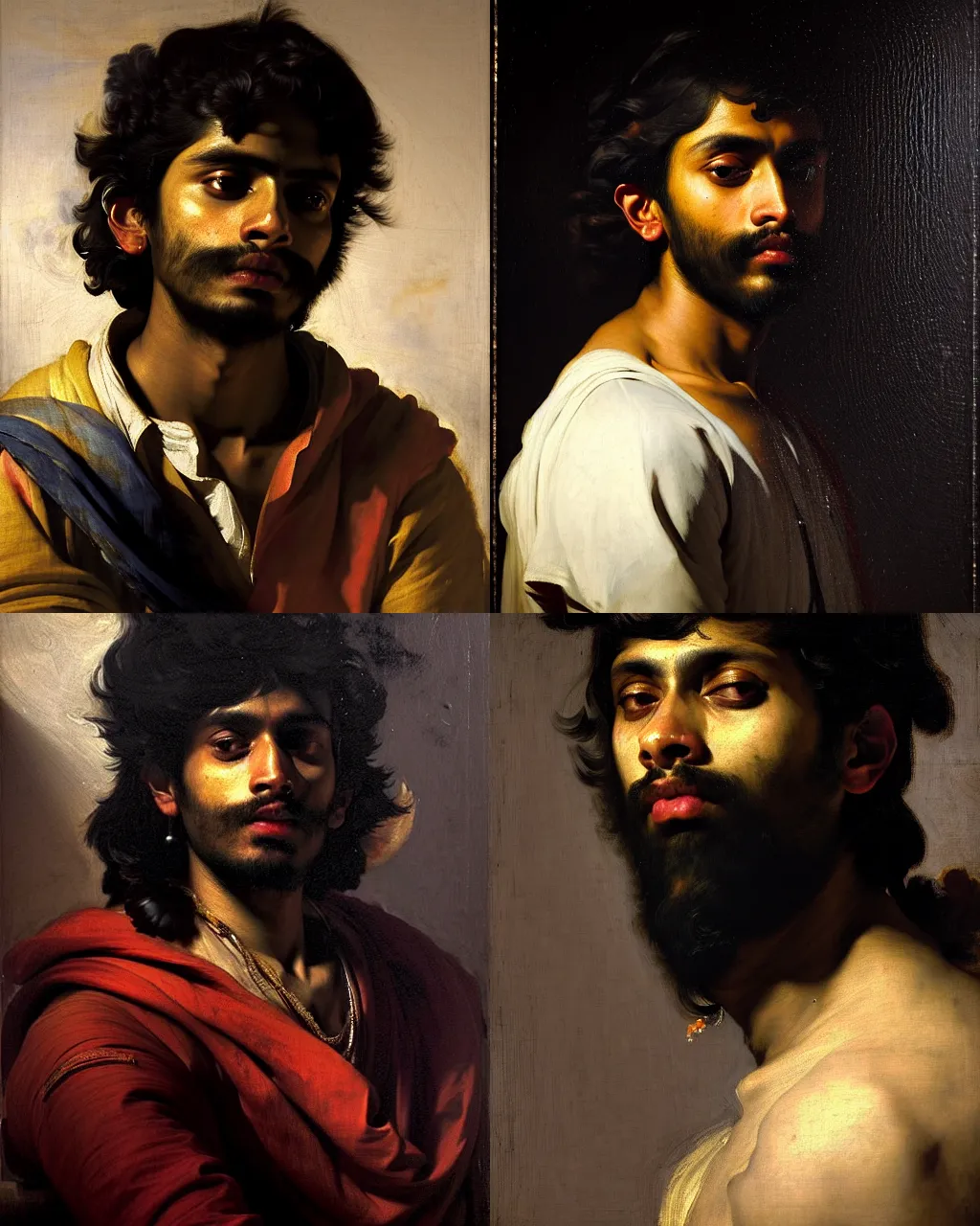 Prompt: a beautiful dramatic portrait of a spaced out indian stoner boy 2 5 years old, by anthony van dyck, by caravaggio, by peter paul rubens, by greg rutkowski, trending on artstation, oil on canvas, masterpiece, cinematic composition, brilliant lights, hyper - detailed, sharp, no frames, 8 k