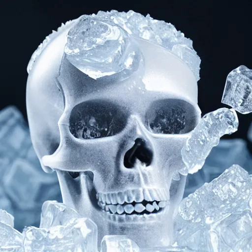 Prompt: a robotic skull encased in frozen ice cube