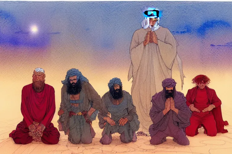 Image similar to a hyperrealist watercolour character concept art portrait of a group of middle eastern men kneeling down in prayer in front of a giant red haired android on a misty night in the desert. by rebecca guay, michael kaluta, charles vess and jean moebius giraud