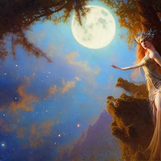 Image similar to attractive fairy queen fly high in the night, fantasy, full moon in background. hyper detailed painting by gaston bussiere, craig mullins, j. c. leyendecker, mid shot, 8 k, cryengone, cinematic lighting, beautiful,