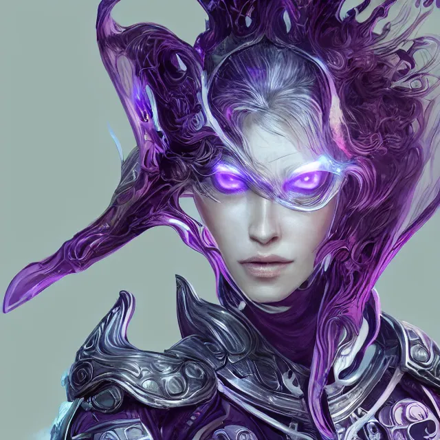 Image similar to close facial portrait of a pale woman in futuristic leather armor with a flowing purple, elegant, stoic, intense, ultrafine hyperdetailed illustration by kim jung gi, irakli nadar, intricate linework, sharp focus, bright colors, octopath traveler, final fantasy, hearthstone, highly rendered, global illumination, radiant light, detailed, intricate environment