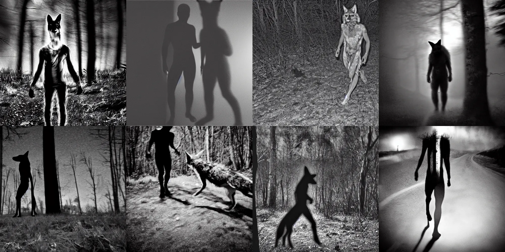 Prompt: bad quality blurry nightfootage nightcam black and white trailcam footage of native weird distorted Man male human body Skinwalker transforming into a coyote, low resolution, compressed