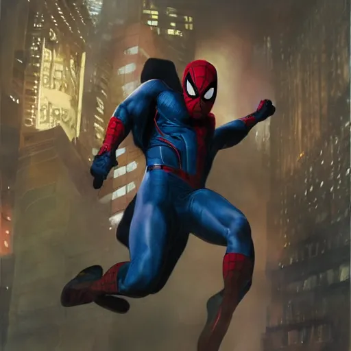 Image similar to ryan reynolds as spider - man, wearing a black and blue suit, cinematic, volumetric lighting, f 8 aperture, cinematic eastman 5 3 8 4 film, photorealistic by greg rutkowski, by stanley artgerm, by alphonse mucha