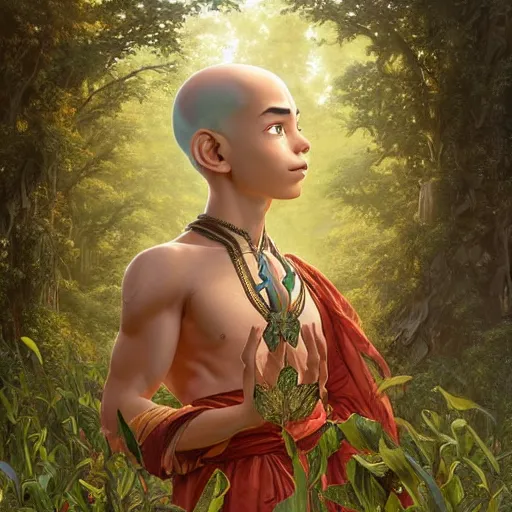 Prompt: intricate detailed portrait painting of aang on a beautiful forest meadow, temple ruins surrounded by lush forest, afternoon, intricate, elegant, highly detailed, digital painting, sharp, focus, illustration art by artgerm and greg rutkowski and alphonse mucha