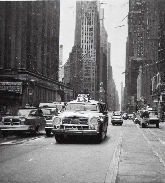 Prompt: a vintage photo of a taxi cab driving on a new york city road.