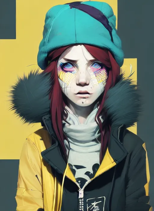 Image similar to highly detailed portrait of a sewer punk lady student, blue eyes, tartan hoody, hat, white hair by atey ghailan, by greg rutkowski, by greg tocchini, by james gilleard, by joe fenton, by kaethe butcher, gradient yellow, black, brown and cyan color scheme, grunge aesthetic!!! ( ( graffiti tag wall background ) )