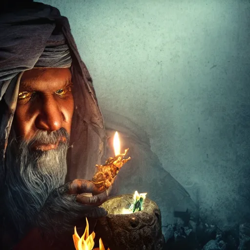 Prompt: An Aghori drinking from a skull near a cremation pyre, 4k, ominous, dark souls, Behance