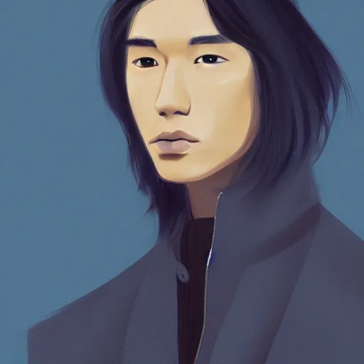 Prompt: portrait of a beautiful young Asian man with tanned skin, shoulder length wavy black hair, and a long blue coat. Beautiful digital painting, stunning art trending on artstation, dramatic lighting on black background