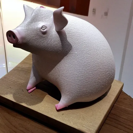 Image similar to “pig sculpture, mixed materials, pork, ikebana white flowers, white wax dripping”