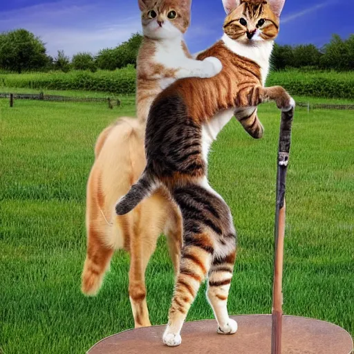 Prompt: a cat standing on a dog that riding a horse, realistic, 4k