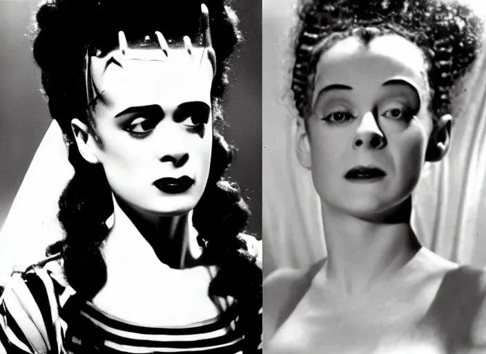 Image similar to instant photo, bride of frankenstein ( 1 9 3 5 ) as teen, still from the movie beetlejuice, cinematic, 1 9 7 0's movie still