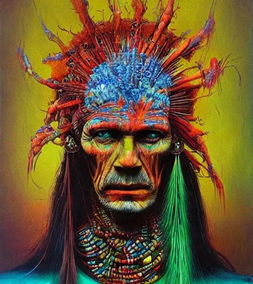 Image similar to Portrait painting in a style of Beksinski mixed with Alex Grey of an old shaman dressed in a colorful traditional clothes. Very psychodelic