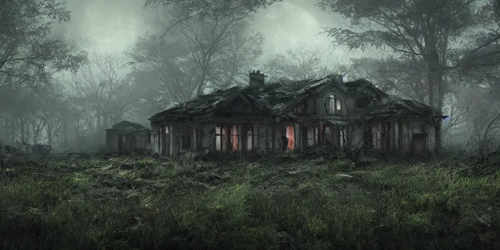 Prompt: photorealistic, ruined english bungalow at night, overgrown vegetation, in the forest, apocalypse, very dark, fog, skinny evil creatures, hell scape, horrifying, hyperrealistic, grimdark, artstation