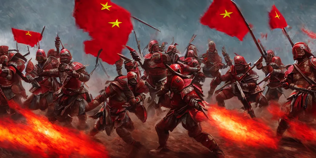 Image similar to mid shot cinematic artwork of a small group of rag tag warriors surrounded by an ancient Chinese army wearing red armor and holding red flags on the battlefield by greg rutowski, masterpiece, 4k