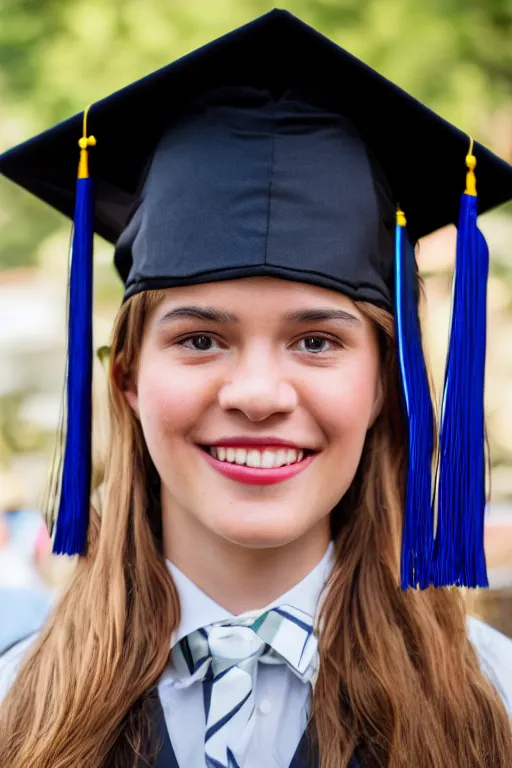 Image similar to a portrait photo of a detailed animatronic human wearing a oxford graduation hat. nikon z 9. 5 0 mm, f / 1. 8 photography. portrait photography. ultra hd, 8 k, graduation photo, sharp