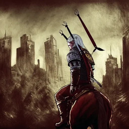 Prompt: Witcher, big city background, artwork by Ben Templesmith, deviantart contest winner,