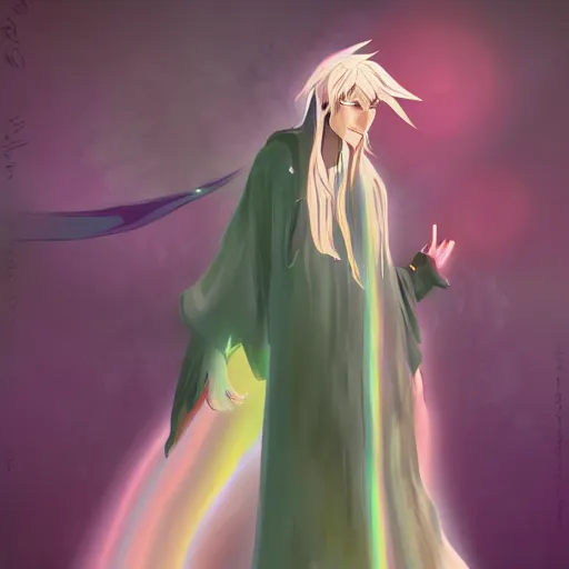 Image similar to rainbow wizard character concept style, by Makoto Shinkai