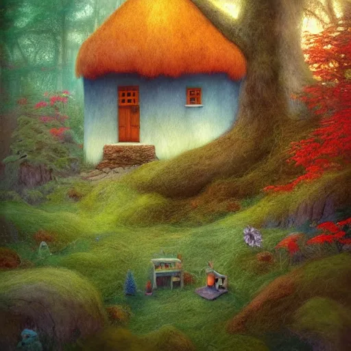 Prompt: small wooden house in the middle of enchanted forest, bright colours, watercolor, volumetric wool felting, macro photography, children illustration, by christophe vacher