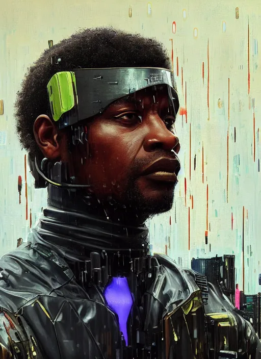 Image similar to Chidi Igwe. Buff Cyberpunk policeman with robotic legs and plastic raincoat. Patrolling rainy city streets. (Cyberpunk 2077, bladerunner 2049). handsome face. Iranian orientalist portrait by john william waterhouse and Edwin Longsden Long and Theodore Ralli and Nasreddine Dinet, oil on canvas. Cinematic, vivid colors, hyper realism, realistic proportions, dramatic lighting, high detail 4k