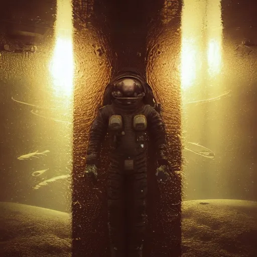 Image similar to concept art by craig mullins astronaut in futuristic dark and empty spaceship underwater. infrared complex and hyperdetailed technical suit. mandelbulb fractal. reflection and dispersion materials. rays and dispersion of light. volumetric light. 5 0 mm, f / 3 2. noise film photo. flash photography. unreal engine 4, octane render. interstellar movie art