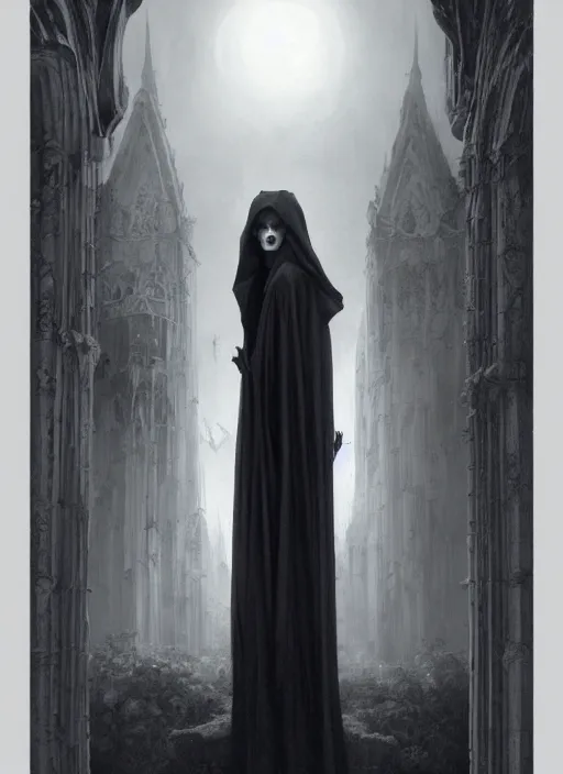 Image similar to By Tom Bagshaw, ultra realist soft painting of a gothic crypt by night, male vampire smile, horror, omnious sky, symmetry accurate features, very intricate details, black and white, volumetric light clouds