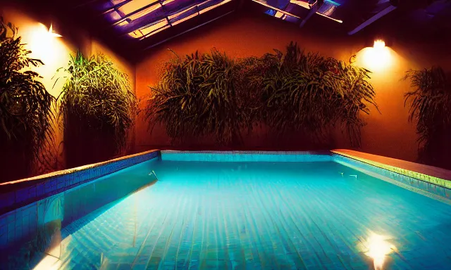 Image similar to indoor pool with ferns and palm trees at night, pool tubes, chromatic abberation, dramatic lighting, depth of field, 80s photo