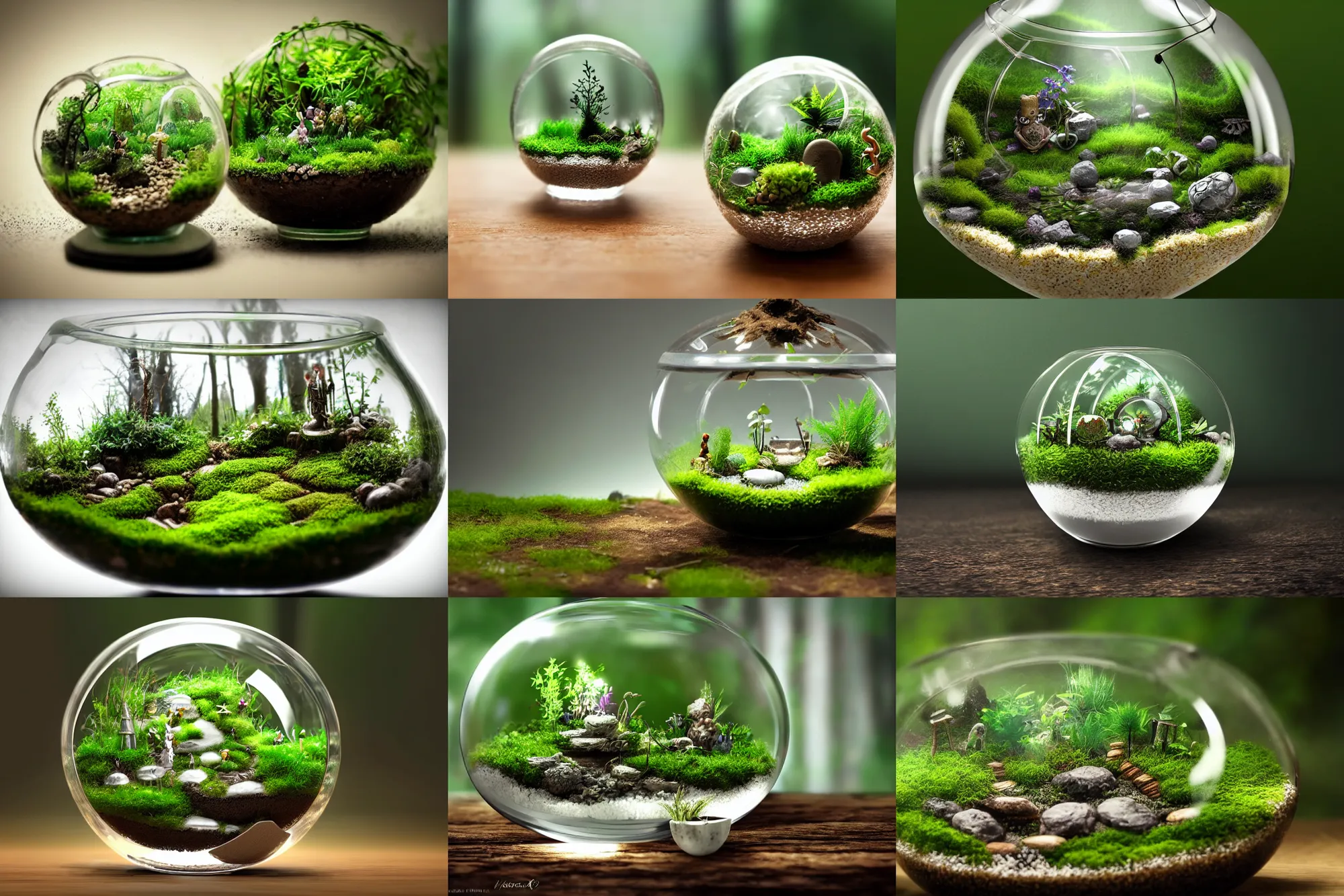 Prompt: fantasy terrarium in a glass bowl, miniature forest, display, white background, photorealistic, close up, digital painting, godrays, trending on artstation