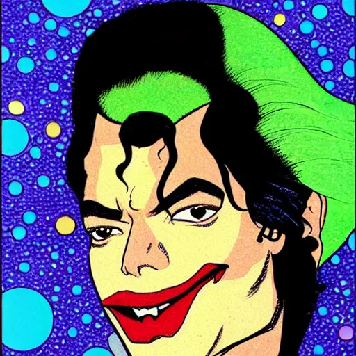 Image similar to dynamic macro head portrait of beautifu michael jackson as the joker in white sequined jacket by john romita sr and cory walker and ryan ottley and jack kirby and barry windsor - smith, comic, illustration, photo real