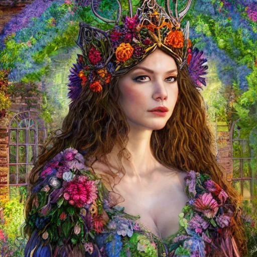 Prompt: Queen of the Fae wearing a crown of flowers and brocaded sleeveless gown, character portrait, inside, archways, intricate brickwork, highly detailed, colorful, hyper realism, 4k