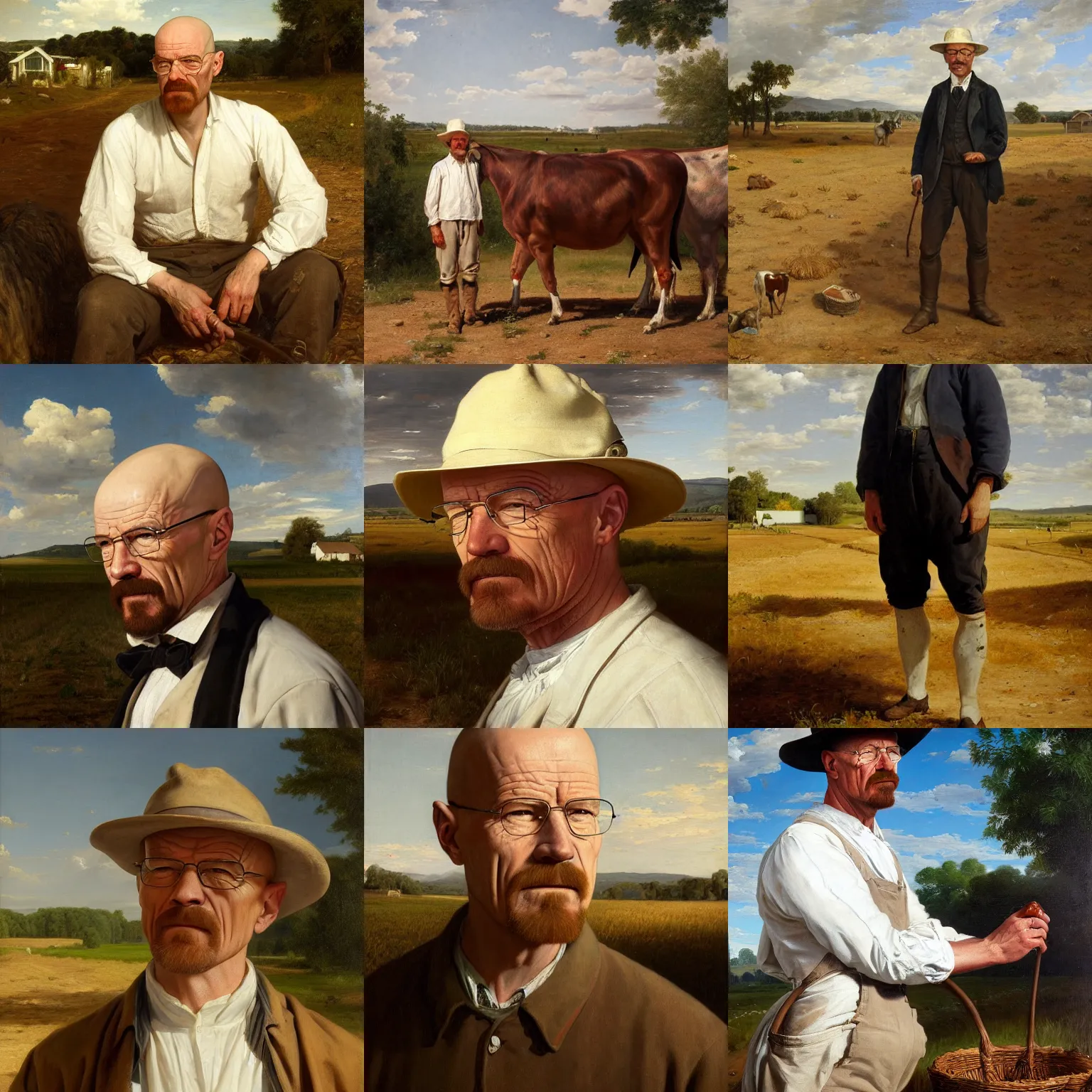 Prompt: portrait of walter white as a farmer sweating under the hot sun, oil on canvas painting, oil on canvas by william sidney mount - 1 8 3 3, trending on artstation