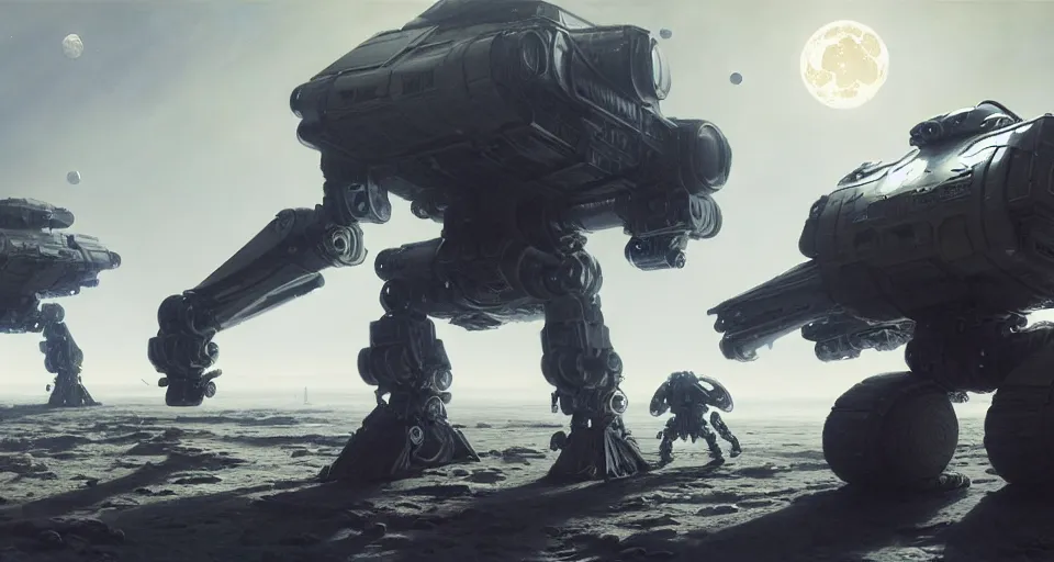 Prompt: hyper realistic sci - fi matte concept art painting of battlemechs fighting on the moon, beautiful details, strong composition painted by kim jung guweta studio rutkowski, james gurney and greg rutkowski, and lucasfilm, smooth, intricate, detailed, sharp focus, cinematic