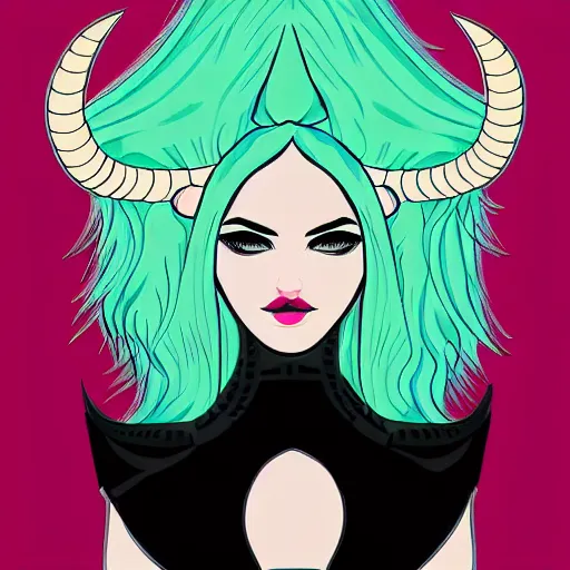 Image similar to illustrated portrait of ram-horned devil woman with blue bob hairstyle and hex #FFA500 colored skin tone and with solid black eyes wearing leather by rossdraws