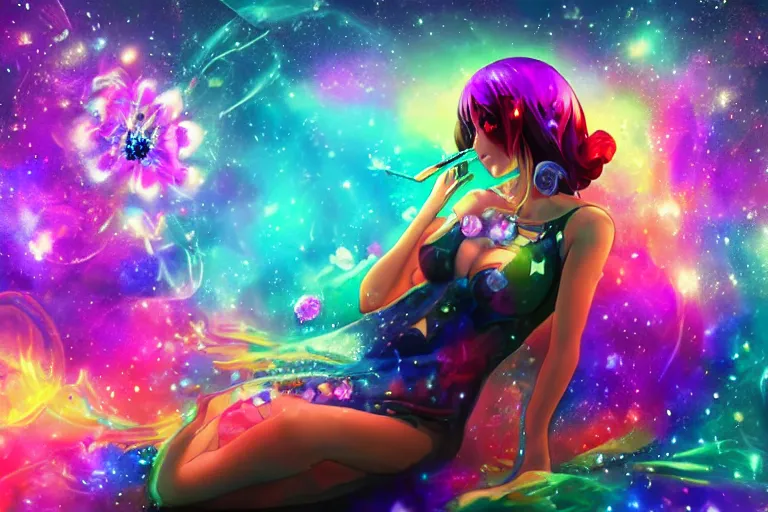 Image similar to psychedelic, full body, whimsical, anime, 4k, beautiful lusty woman blowing smoke, with professional makeup, long trippy hair, a crystal and flower dress, sitting in a reflective pool, surrounded by gems, underneath the stars, rainbow fireflies, trending on patreon, deviantart, twitter, artstation, volumetric lighting, heavy contrast, art style of Ross Tran and Viktoria Gavrilenko and Ilya Kuvshinov