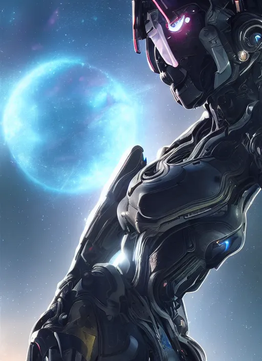 Image similar to photo of a cyborg girl on a space ship, warframe armor, beautiful face, scifi, nebula reflections, stars, professionally color graded, 8 k high definition, insanely detailed, intricate, innocent, art by akihiko yoshida and artgerm