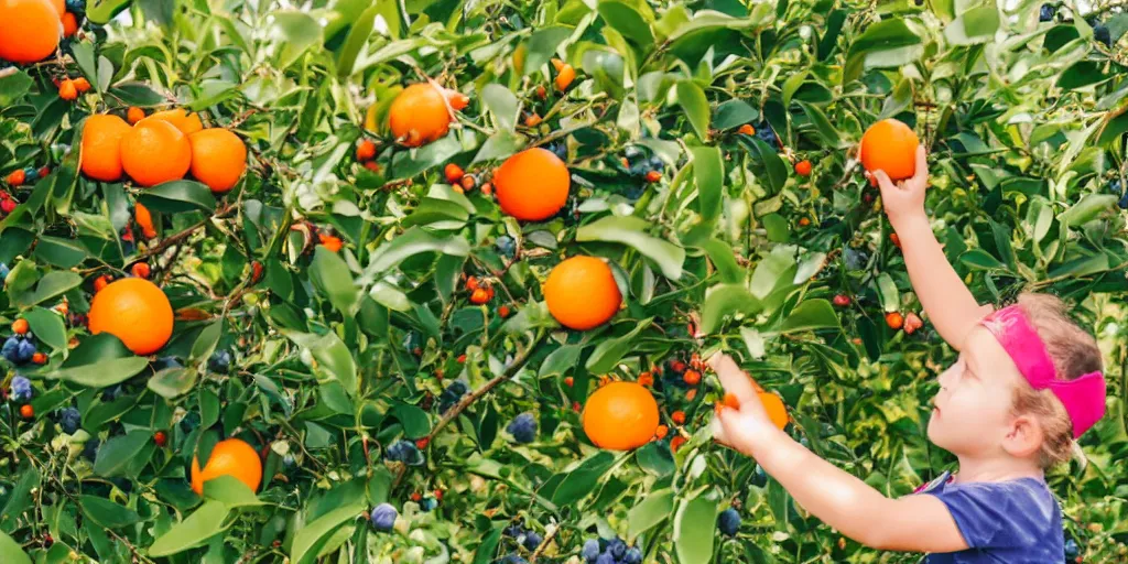 Prompt: a small child picking blueberries in a field growing an orange tree with red, green and yellow oranges hanging on it, on a bright and sunny morning