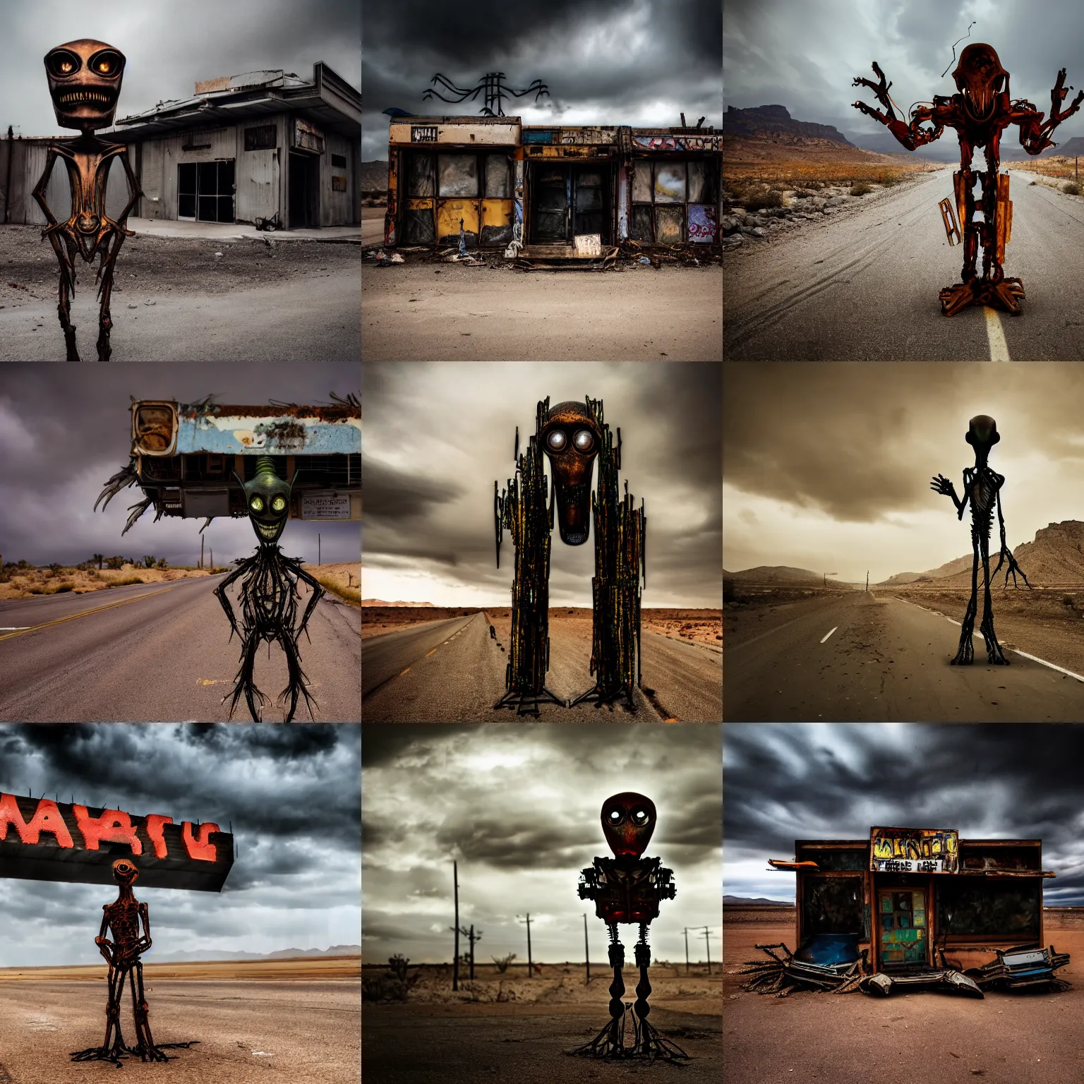 Prompt: travel photography, driving past a terrifying alien standing in front of an abandoned cyberpunk bar made of scrap metal and scrap wood in the desert of a gloomy alien world, motion blur, ominous skies