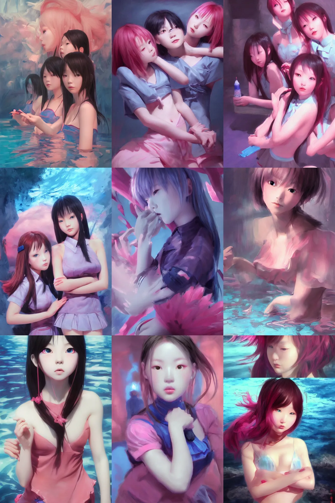 Prompt: 3d dark infrared octane render concept art by D. Jun, by Mo Xiang Tong Xiu, by Igarashi Daisuke, beauty portrait anime schoolgirls under dark pink and blue water. cute face. complex composition mirror. dramatic light, trending on artstation, oil painting.