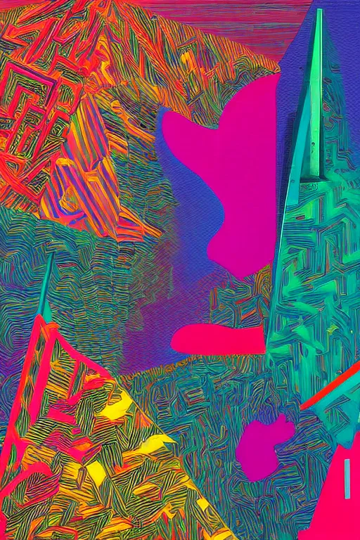 Prompt: volcano made out of colorful generative synthwave art, neon, contemporary, integral painting, by frank stella, by william weege, by eduardo paolozzi