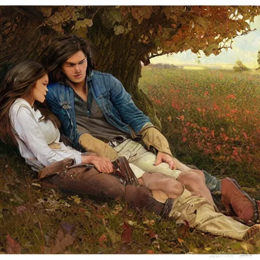 Image similar to young man and woman with long brown hair, laying under a tree looking at clouds autumn, ( ( ( wearing jeans ) ) ), by stanley artgerm lau, greg rutkowski, thomas kindkade, alphonse mucha, loish, norman rockwell