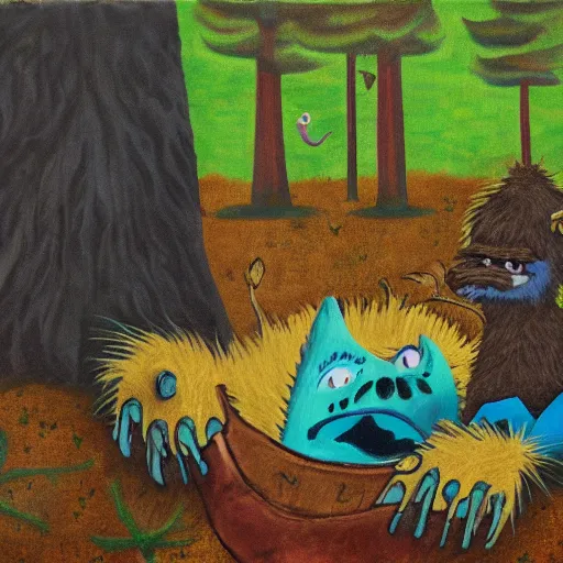 Prompt: monster reading a book in a forest, where the wild things are, bicycle nearby, oil on canvas, calm